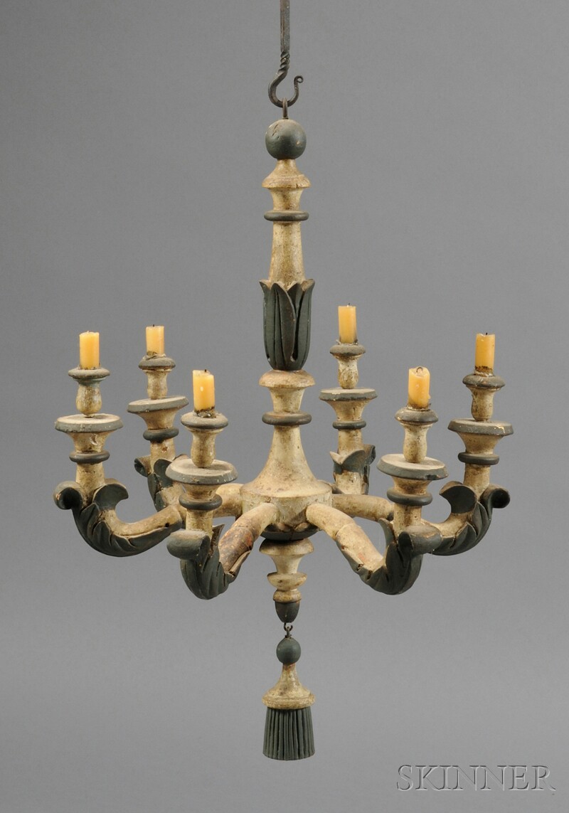 Appraisal: Carved and Painted Wooden Six-light Chandelier America or northern Europe