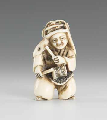 Appraisal: Carved Ivory Netsuke of Standing Figure Signed Carved figure wearing