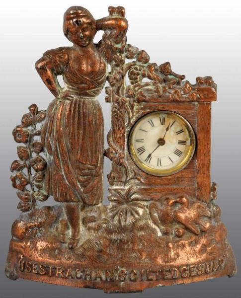 Appraisal: German Metal Clock with Woman Description Advertising soap across the