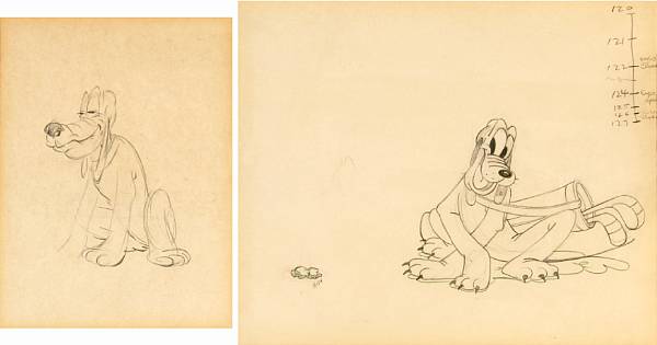 Appraisal: Two Walt Disney animation drawings of Pluto pencil on paper