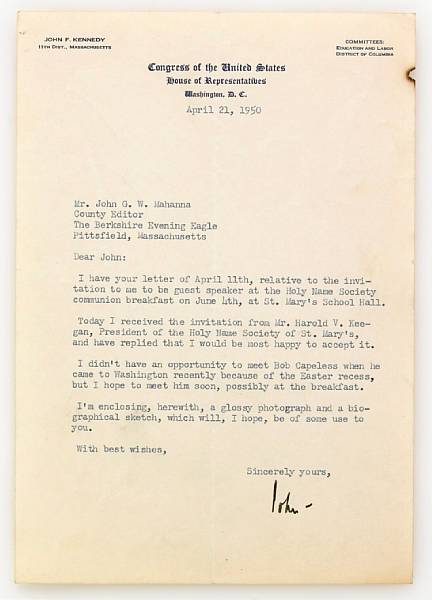 Appraisal: KENNEDY JOHN FITZGERALD Typed Letter Signed John p vo Washington