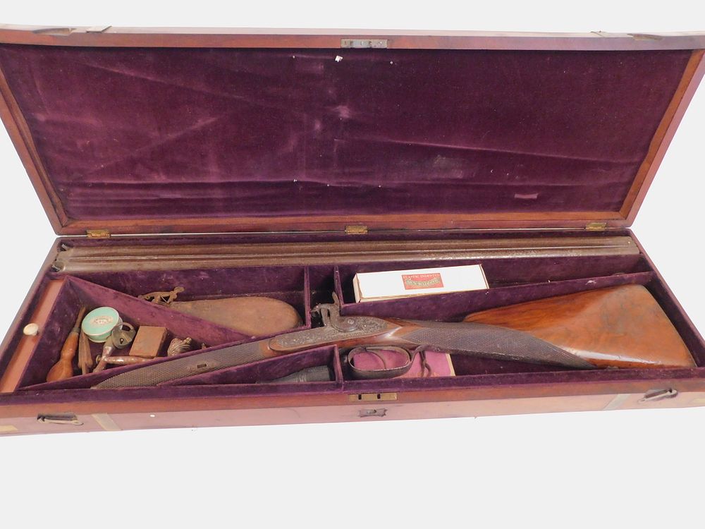 Appraisal: SCHEPERS CASED ANTIQUE SHOTGUN Antique Belgian mahogany cased double barrel