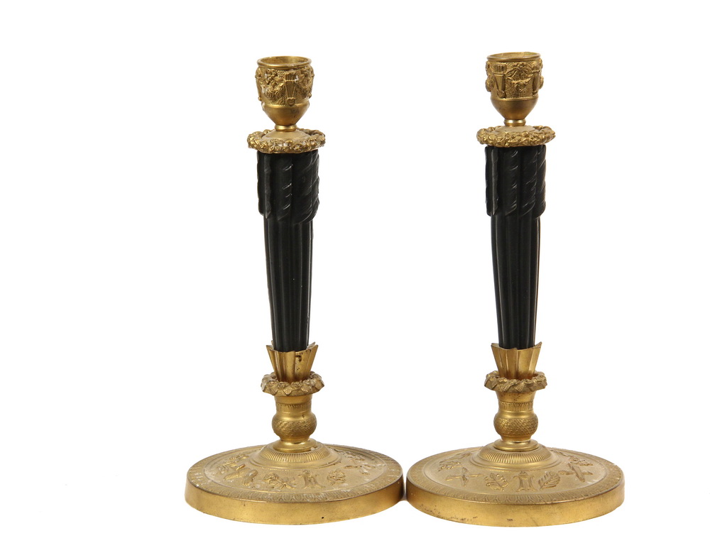 Appraisal: PAIR OF FRENCH CANDLESTICKS - Empire Parcel Gilt and Ebonized