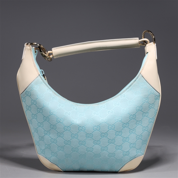 Appraisal: Gucci baby blue canvas monogram purse with cream colored patent