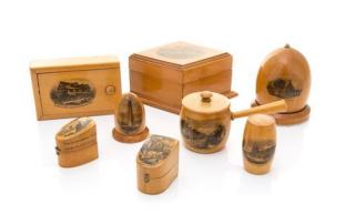 Appraisal: Eight Mauchline Ware Sewing Caddies and Thimble Cases Width of