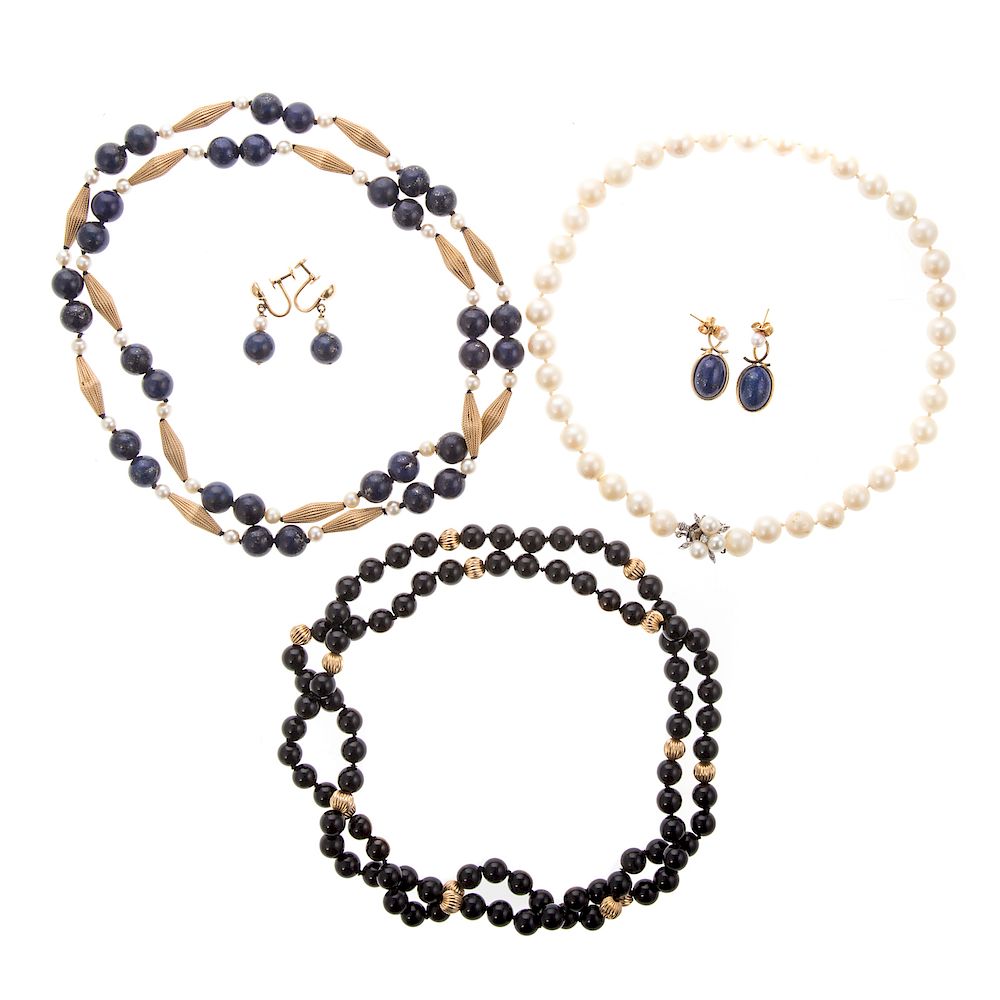 Appraisal: A Trio of Beaded Necklaces Two Pairs of Earrings K