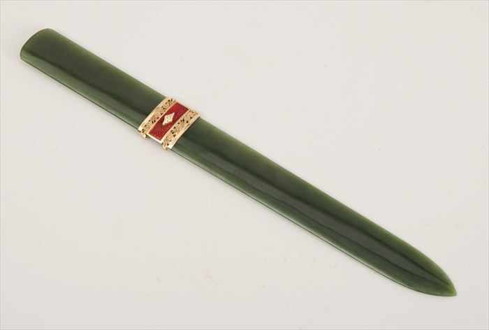 Appraisal: NEPHRITE GOLD AND ENAMEL LETTER OPENER Bearing pseudo-Faberge marks and