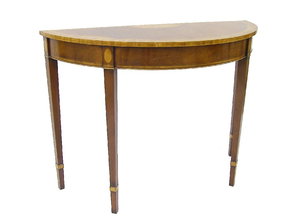 Appraisal: Good quality Sheraton style mahogany inlaid demi-lune side table with