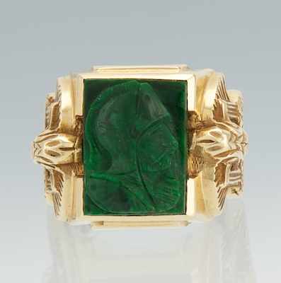 Appraisal: A Gentleman's Carved Jade Cameo Ring k yellow gold mounting