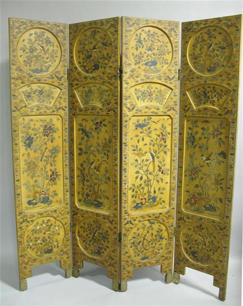 Appraisal: CHINESE FOUR-PANEL LACQUER SCREEN Circa one side depicting dird in