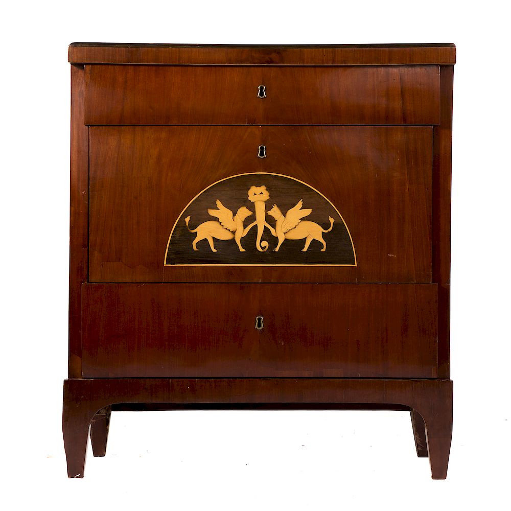 Appraisal: Biedermeier cherry veneer inlaid commode circa flat top with applied