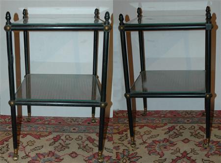 Appraisal: Pair of Regency Style Black Painted and Caned Two-Tier Side