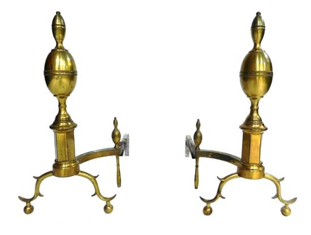 Appraisal: Pair of American brass andirons c double lemon finials spurred