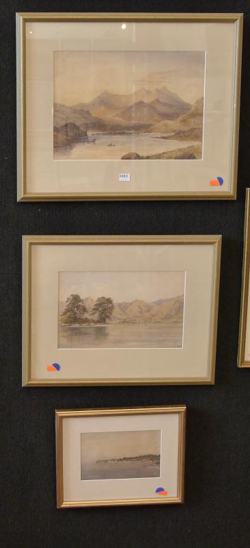 Appraisal: THREE WATERCOLOUR WORKS ONE MONOGRAMMED 'F L S' DEPICTING LAKE