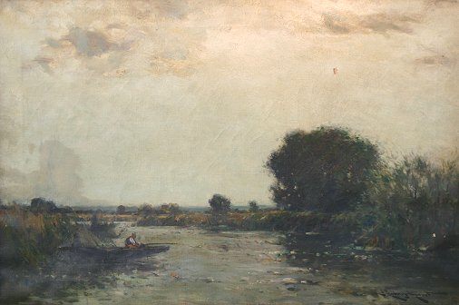 Appraisal: HUNT Edmund Aubrey American - Fishing on a Canal Oil