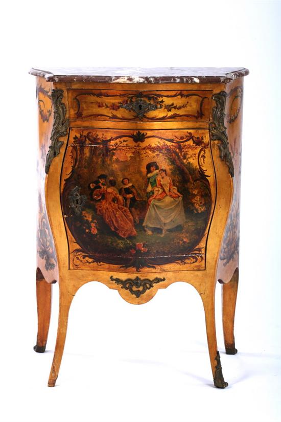 Appraisal: CONTINENTAL ROCOCO STYLE MARBLE-TOP PETITE BOMBE COMMODE late th century