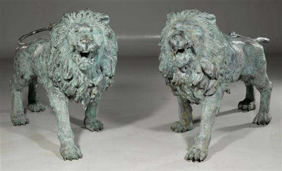 Appraisal: PAIR OF LIFE-SIZED LION FIGURES France late th century Green