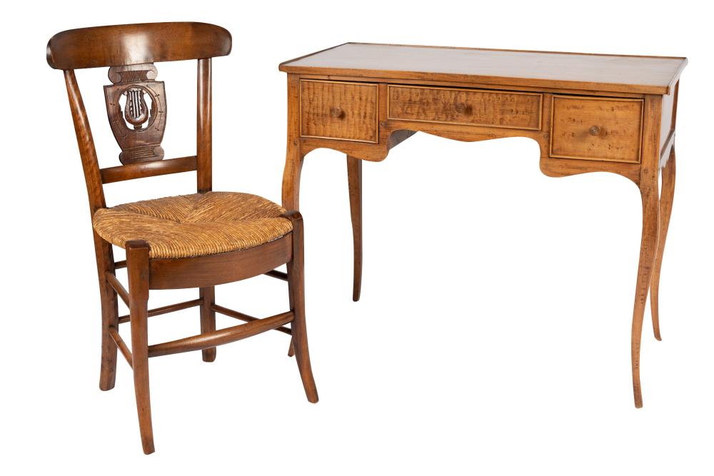 Appraisal: PROVINCIAL STYLE FRUITWOOD MAPLE WRITING TABLEtogether with an associated rush-seated