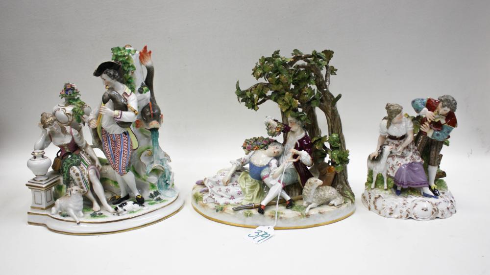 Appraisal: THREE GERMAN PORCELAIN FIGURAL GROUPS each depicting a detailed genre