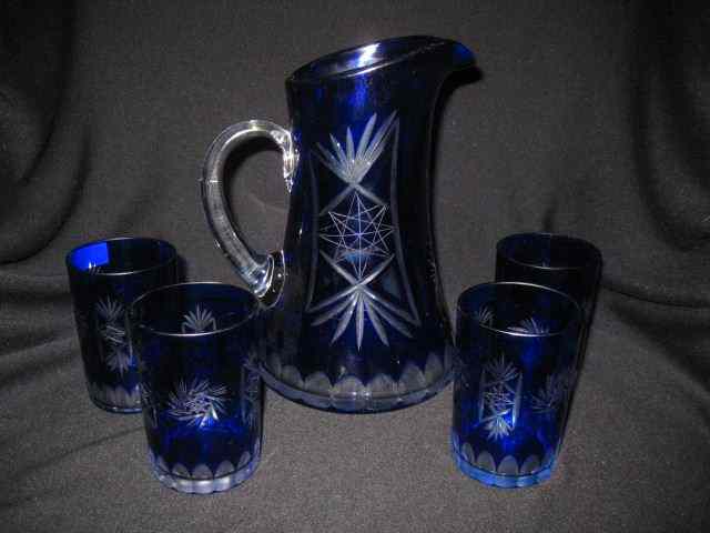 Appraisal: Cobalt Cut-to-Clear Beverage Set pitcher tumblers excellent