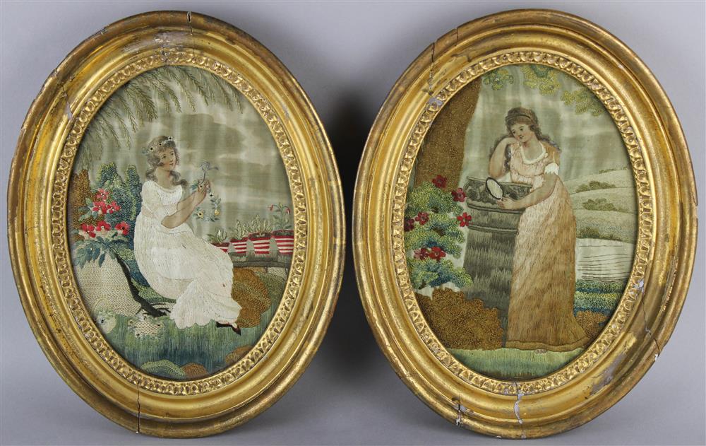 Appraisal: PAIR OF REGENCY PAINTED SILK NEEDLEWORK PICTURES OF YOUNG MAIDENS