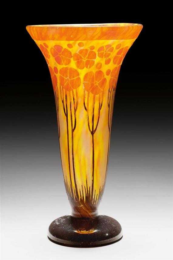 Appraisal: SCHNEIDER CARDAMINES VASE circa Acid-etched yellow glass with red overlay