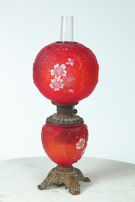 Appraisal: GONE WITH THE WIND LAMP Red Satin with handpainted floral