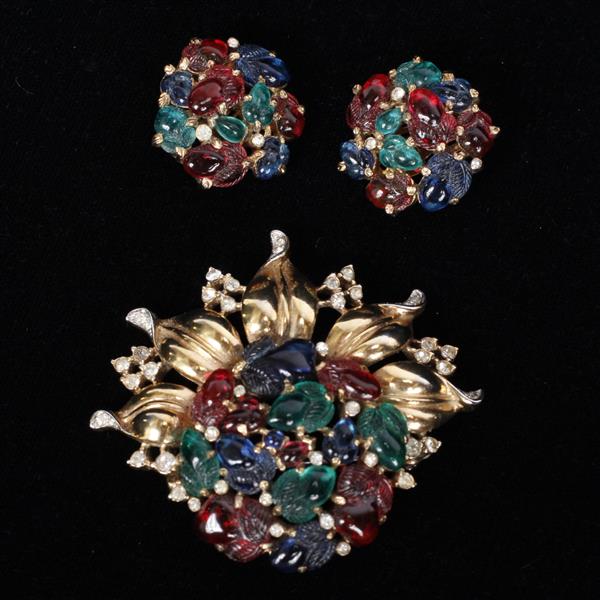 Appraisal: Trifari jewel tone Fruit Salad Pin Brooch Clip on Earrings