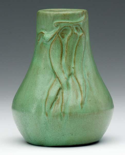 Appraisal: AREQUIPA Pear-shaped vase carved with eucalyptus leaves under matte green