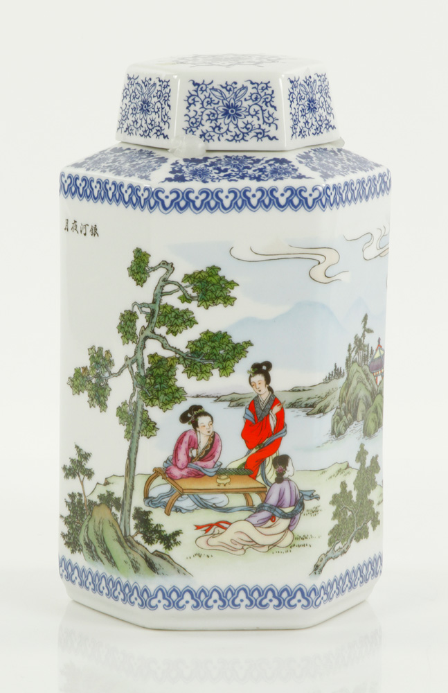 Appraisal: - Chinese Republic Period Tea Caddy Octagonal shaped porcelain tea