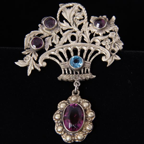 Appraisal: Vintage Antique Florentine Silver Jeweled Openwork Flower Basket Brooch Pin