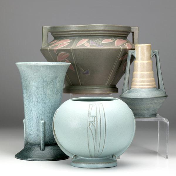 Appraisal: ROSEVILLE Four vessels Futura gray and pink jardiniere and orange