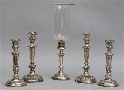 Appraisal: TWO PAIRS OF ENGLISH SILVER-PLATED TABLE CANDLESTICKS AND A SINGLE