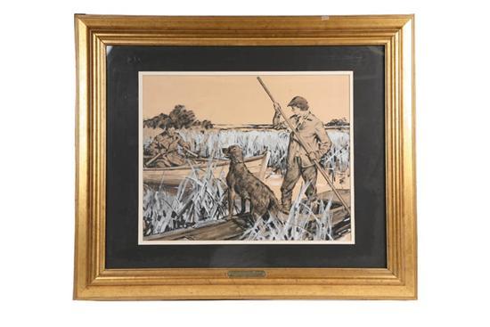 Appraisal: WATERCOLOR ON ARTIST BOARD Hunting scene of a boy and