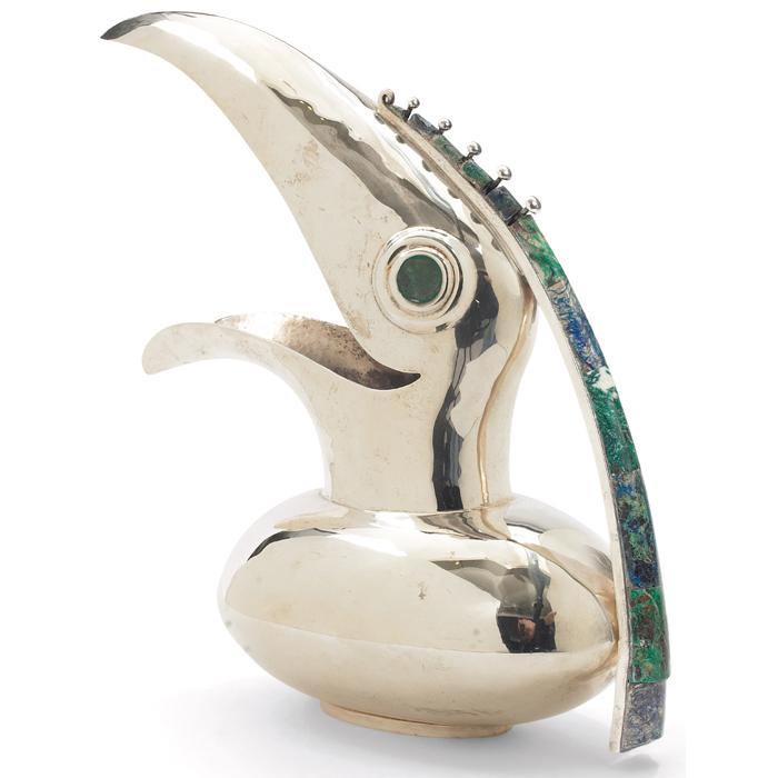 Appraisal: Los Castillo Toucan pitcher Mexico silver plate form with malachite