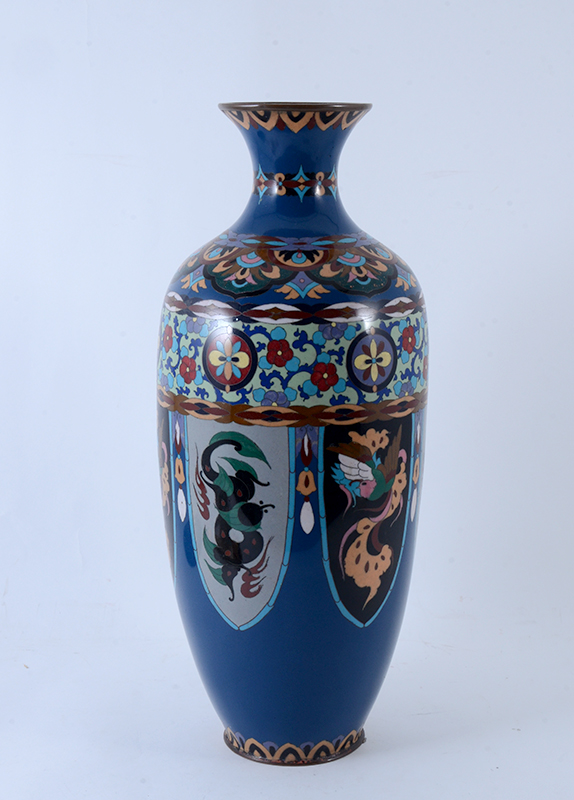 Appraisal: LARGE CHINESE CLOISONNE VASE Baluster form cobalt blue ground floral