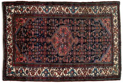 Appraisal: Hamadan rug serrated central medallion with pendants on dark blue