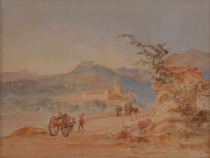 Appraisal: EUROPEAN SCHOOL CART WITH FIGURES TOWN IN THE DISTANCE Watercolor