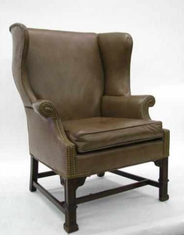 Appraisal: Vintage Upholstered Wing Chair Gothic arch and reeded trim on