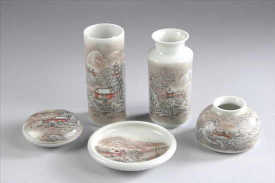 Appraisal: CHINESE GRISAILLE IRON RED AND WHITE PORCELAIN SCHOLAR'S OBJECTS Overglazed