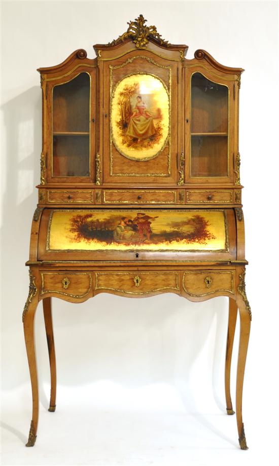 Appraisal: French-style secretary with roll-top desk cabinet parquetry inlay and applied