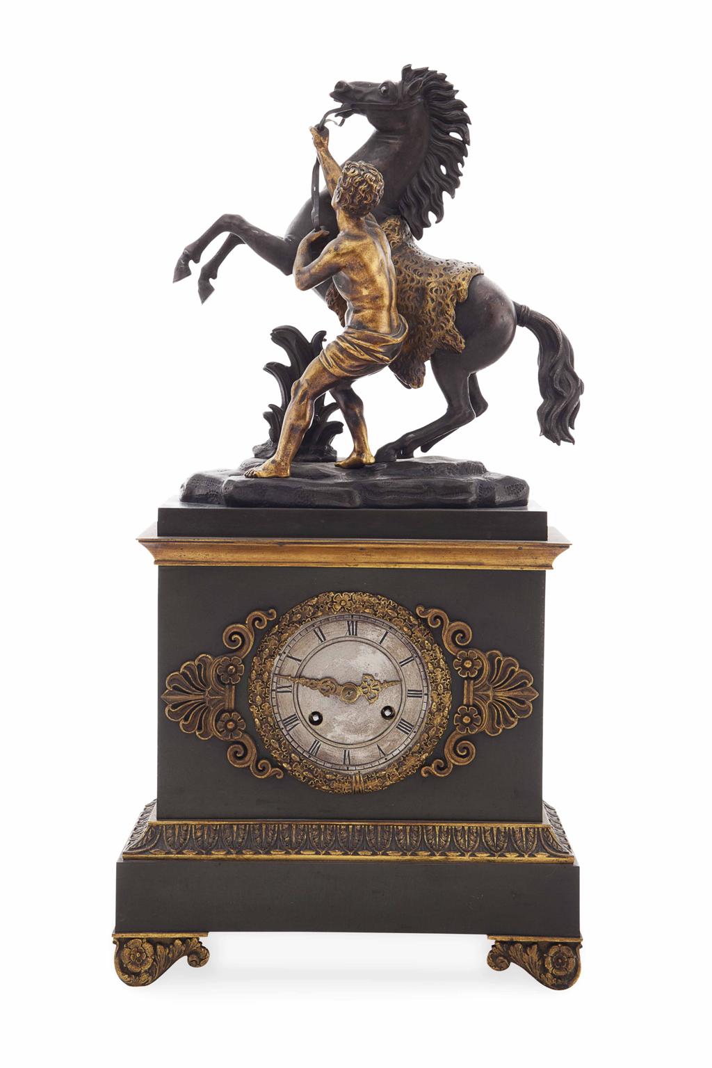 Appraisal: FRENCH GILT AND PATINATED METAL 'MARLY HORSE' MANTEL CLOCK TH