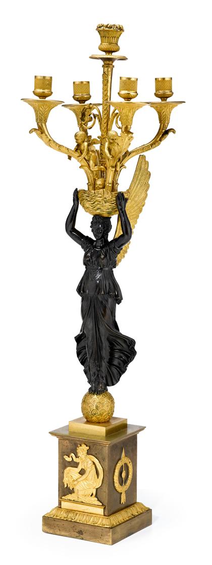 Appraisal: Empire style gilt patinated bronze five-light candelabra The patinated bronze