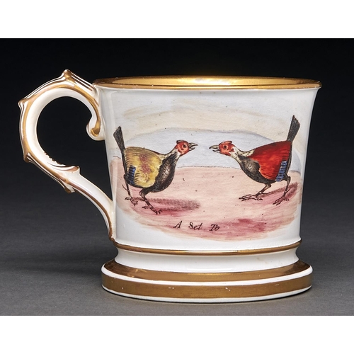 Appraisal: Cockfighting A Staffordshire bone china mug c printed and painted