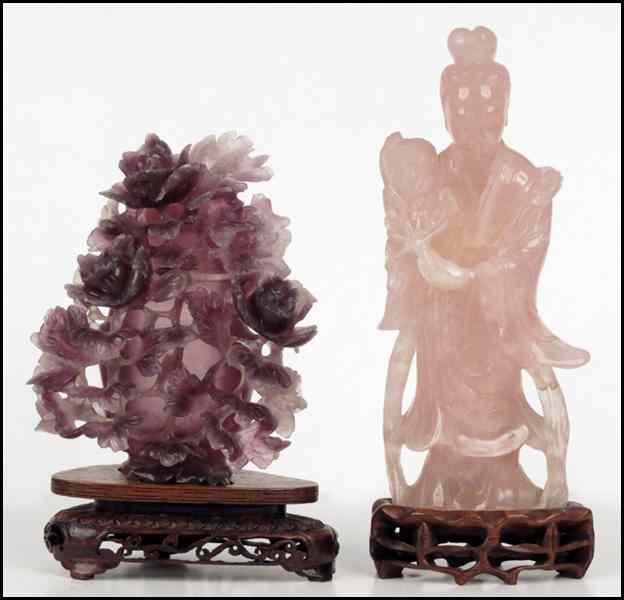 Appraisal: CARVED ROSE QUARTZ QUAN YIN Together with a carved quartz