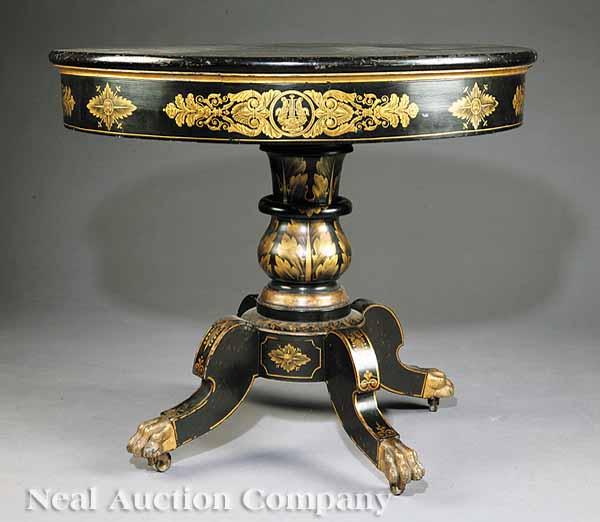 Appraisal: An American Classical Painted Ebonized and Gilt Stenciled Center Table