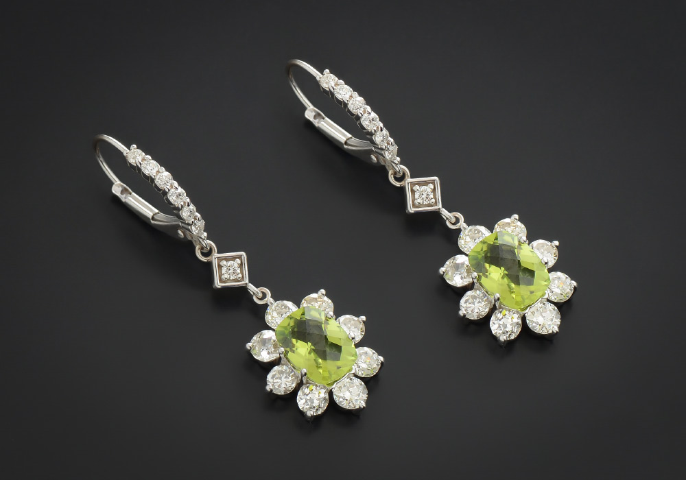 Appraisal: CTW PERIDOT DIAMOND EAR DROPS IN K rectangular cut cushion