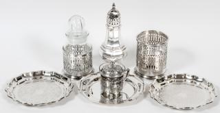 Appraisal: SILVERPLATE MUFFINEER CONDIMENT JARS AND PLATES SILVERPLATE MUFFINEER CONDIMENT JARS