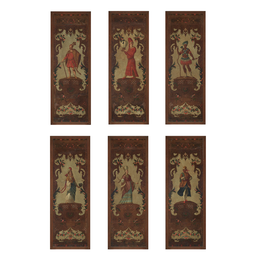 Appraisal: Set of Six Continental Polychrome Decorated Tooled Leather Panels Possibly