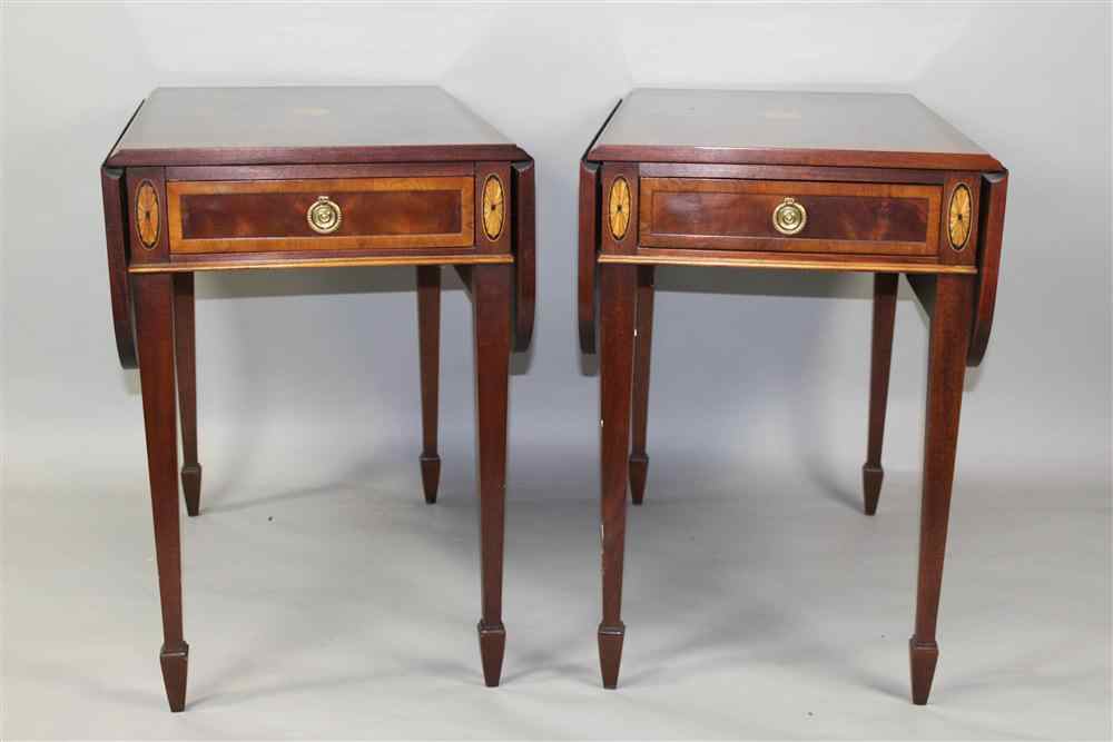 Appraisal: PAIR OF HEKMAN HEPPLEWHITE STYLE INLAID CROTCH MAHOGANY VENEERED PEMBROKE